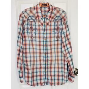 Wrangler Rock 47 Women’s Western Cowgirl Button Down Gem Snaps Shirt Size Large